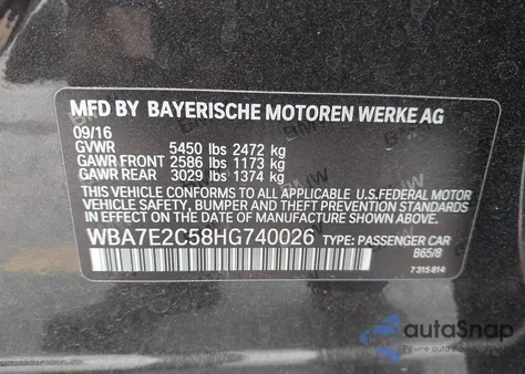 2017 BMW 740I from USA, damaged, VIN WBA7E2C58HG740026